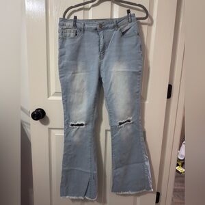 Light Blue Distressed Flare Jeans - Women's Wide Leg
